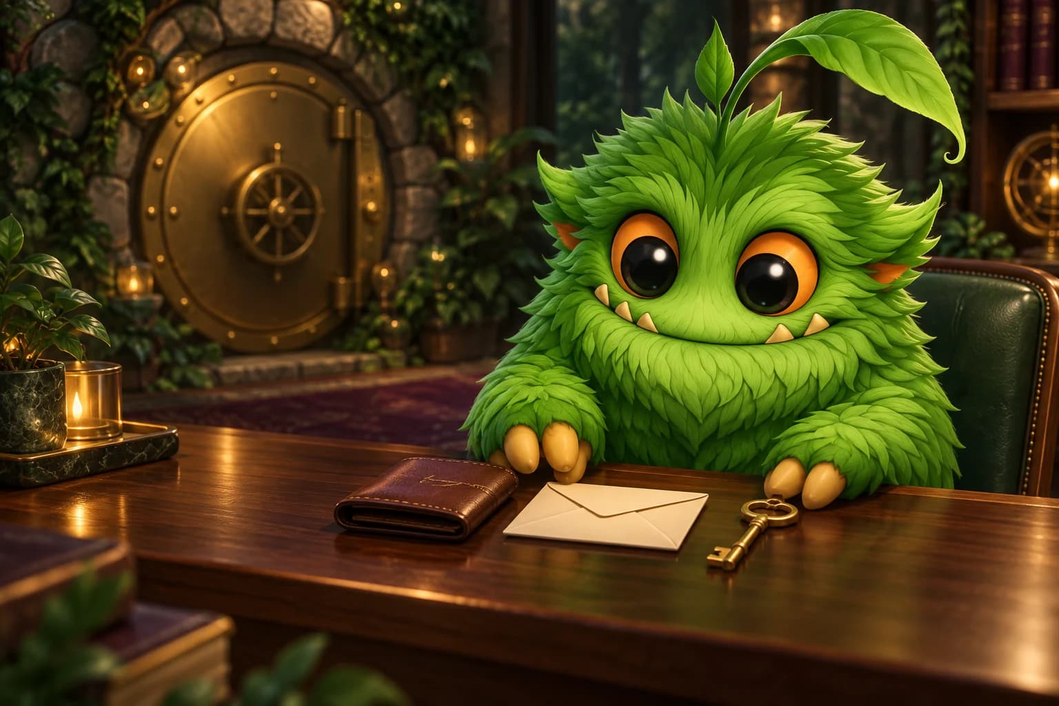 Verde-Maskottchen mit Schlüssel, Brieftasche und Unterlagen am Schreibtisch